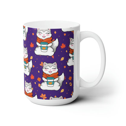 Kitty loves her seasonal Fall drinks! - Purple patterned mug - 15oz