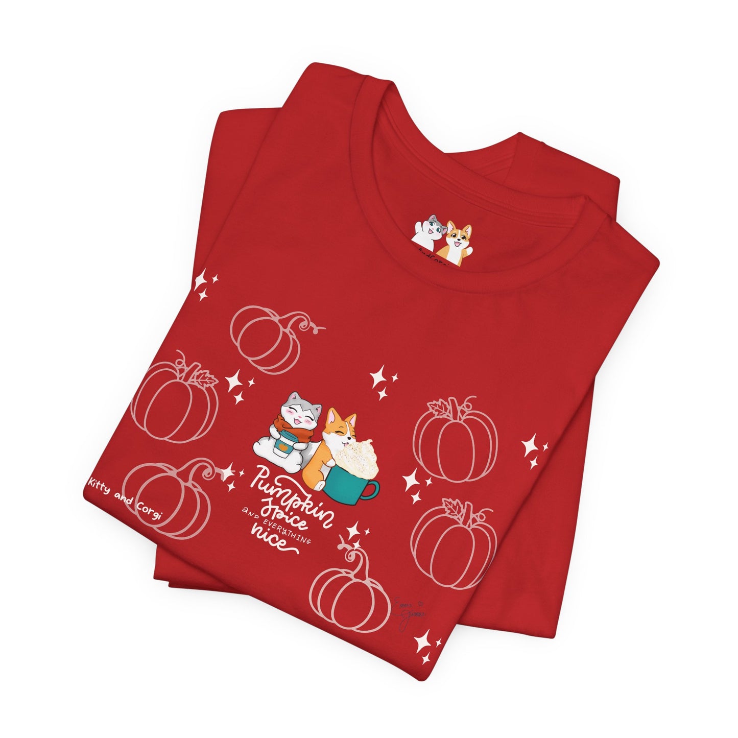 Kitty and Corgi - Pumpkin Spice and Everything Nice - Super Soft Cotton Airlume Unisex T-Shirt (Large Front Graphic)