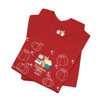Kitty and Corgi - Pumpkin Spice and Everything Nice - Super Soft Cotton Airlume Unisex T-Shirt (Large Front Graphic)