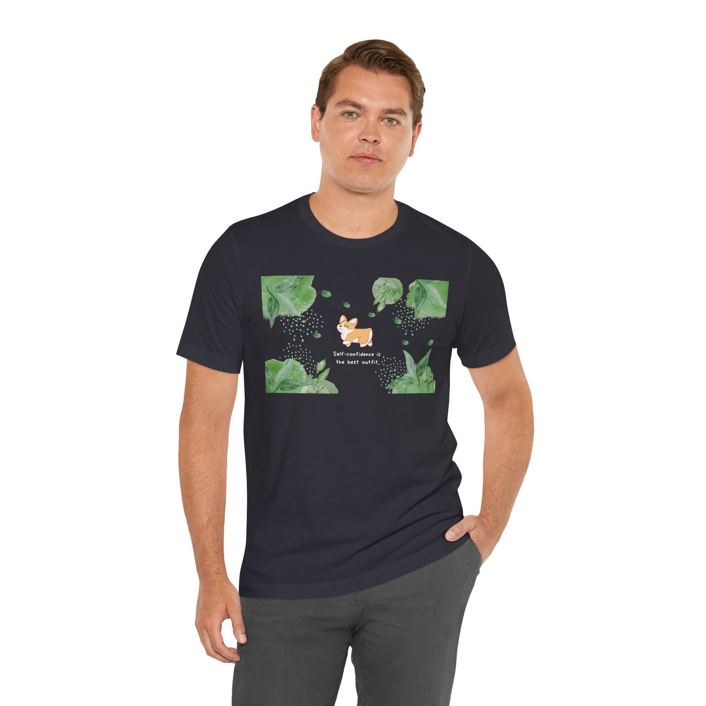 Corgi - Confidence is the Best Outfit - Super Soft Cotton Airlume Unisex T-Shirt (Horizontal Graphic)