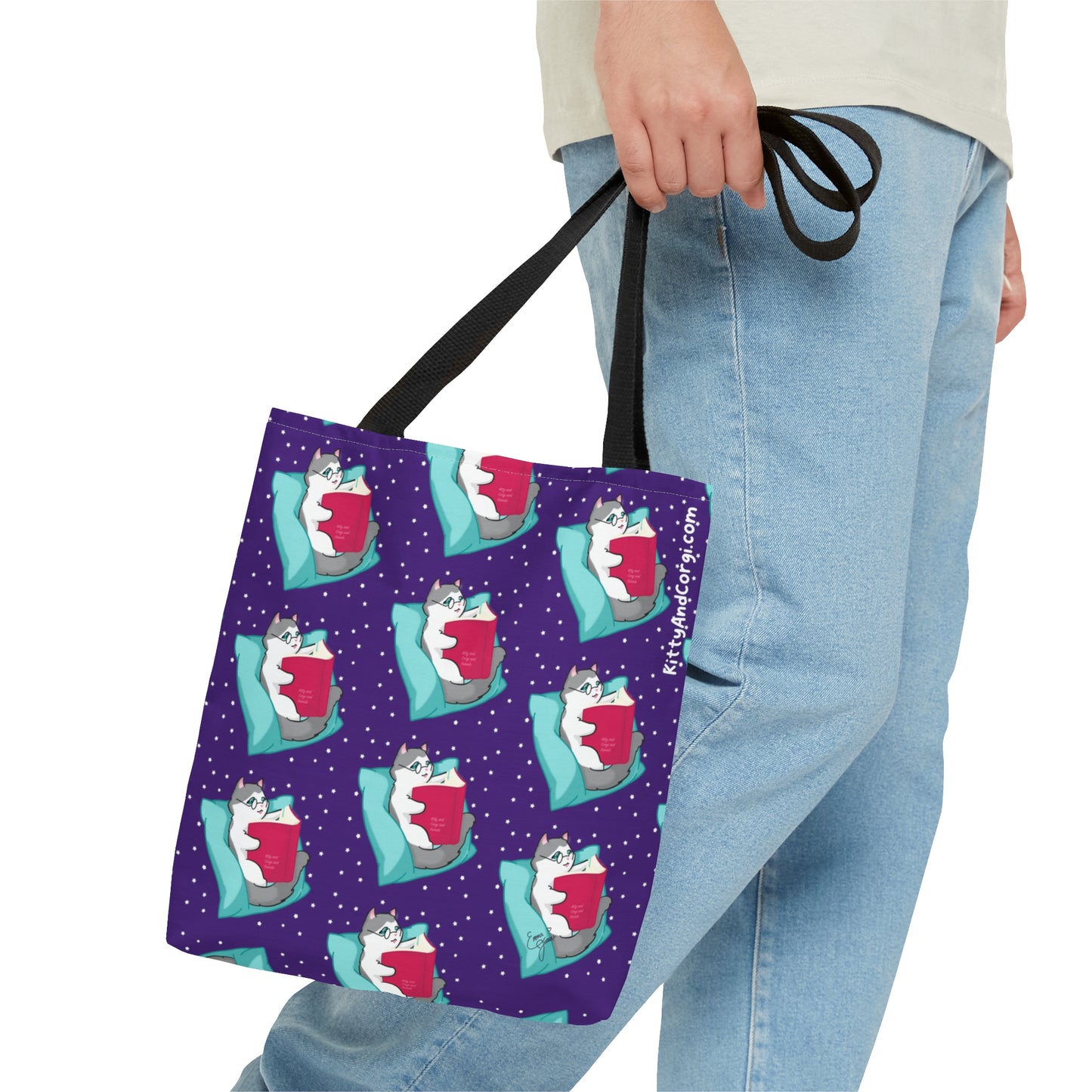 Kitty Reading a Book - Repeating Pattern in Dark Purple - Tote Bag (AOP)