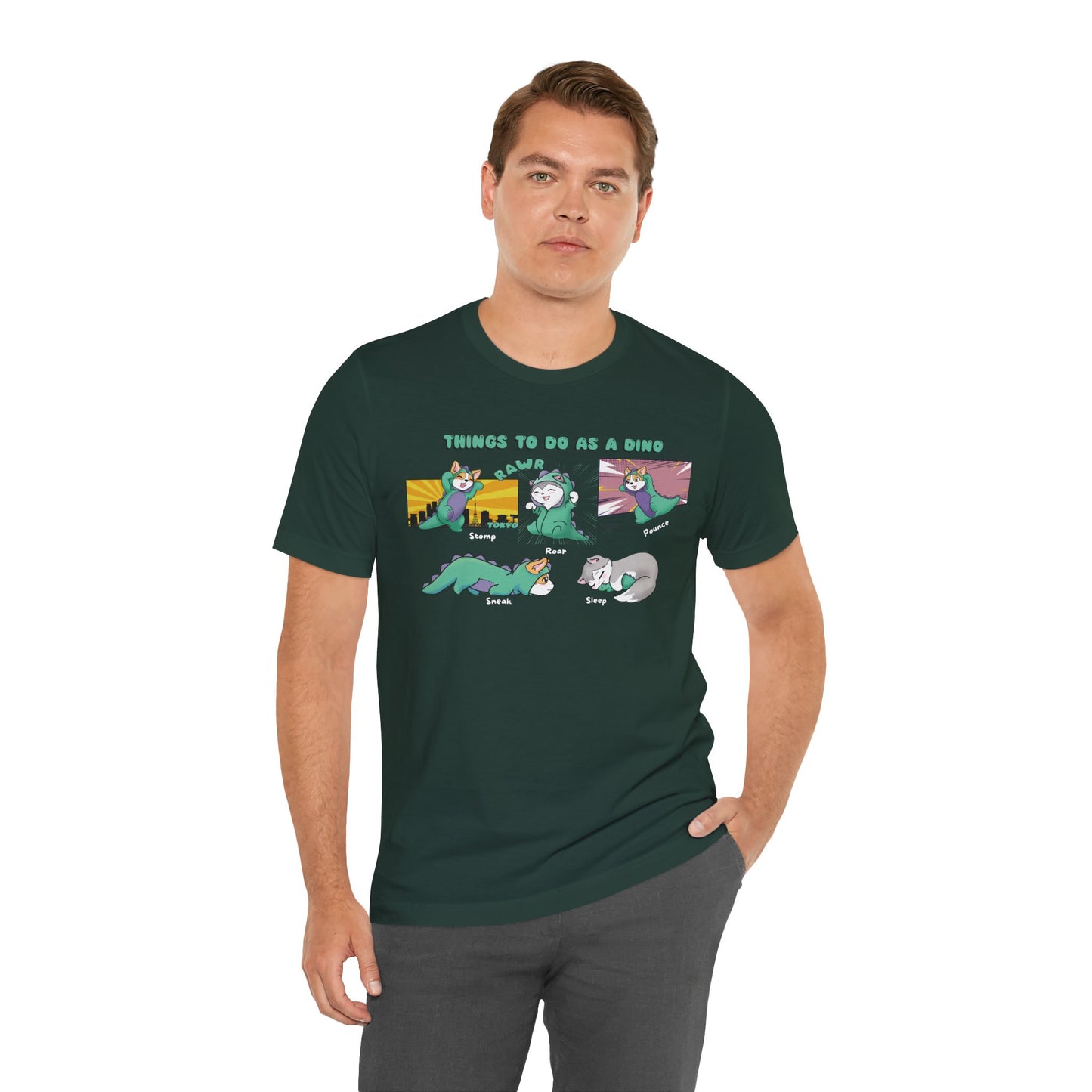 Kitty and Corgi - Things To Do As A Dino - Super Soft Cotton Airlume Unisex T-Shirt (Horizontal Graphic)