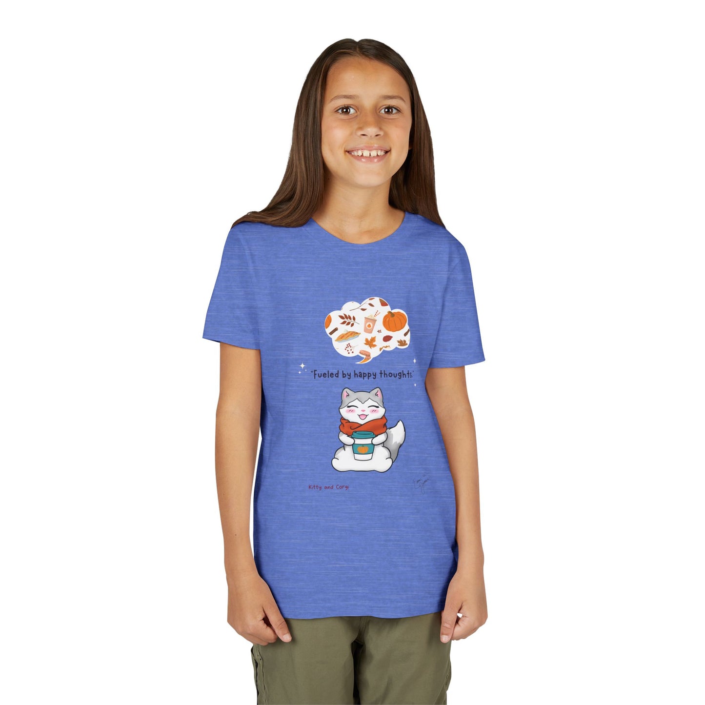Youth Tee — Kitty loves Autumn - Fueled by Happy Thoughts - Unisex Youth/ Children's Graphic Tee