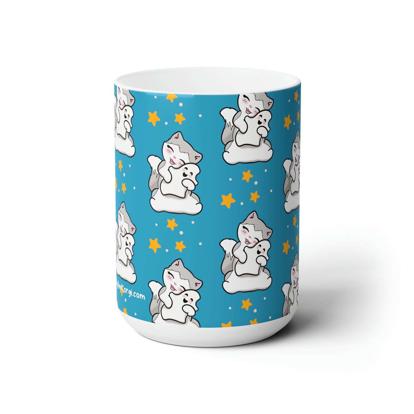 Kitty loves her Ghostie Pillow - Patterned Turquoise Halloween Mug - 15oz