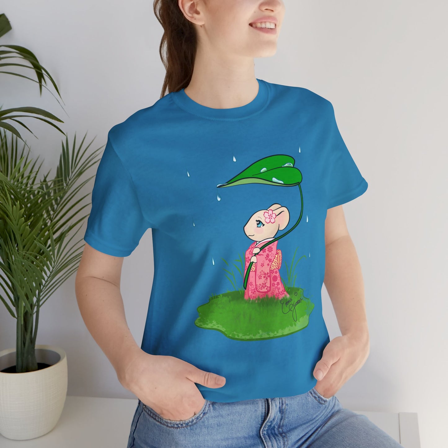 Sakura Mousie with a Leaf Umbrella on a Rainy Day - Super Soft Cotton Airlume Unisex T-Shirt (Large Graphic)