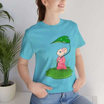 Sakura Mousie with a Leaf Umbrella on a Rainy Day - Super Soft Cotton Airlume Unisex T-Shirt (Large Graphic)