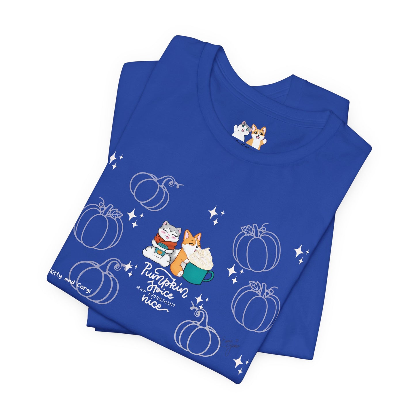 Kitty and Corgi - Pumpkin Spice and Everything Nice - Super Soft Cotton Airlume Unisex T-Shirt (Large Front Graphic)