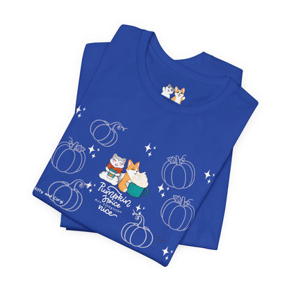 Kitty and Corgi - Pumpkin Spice and Everything Nice - Super Soft Cotton Airlume Unisex T-Shirt (Large Front Graphic)
