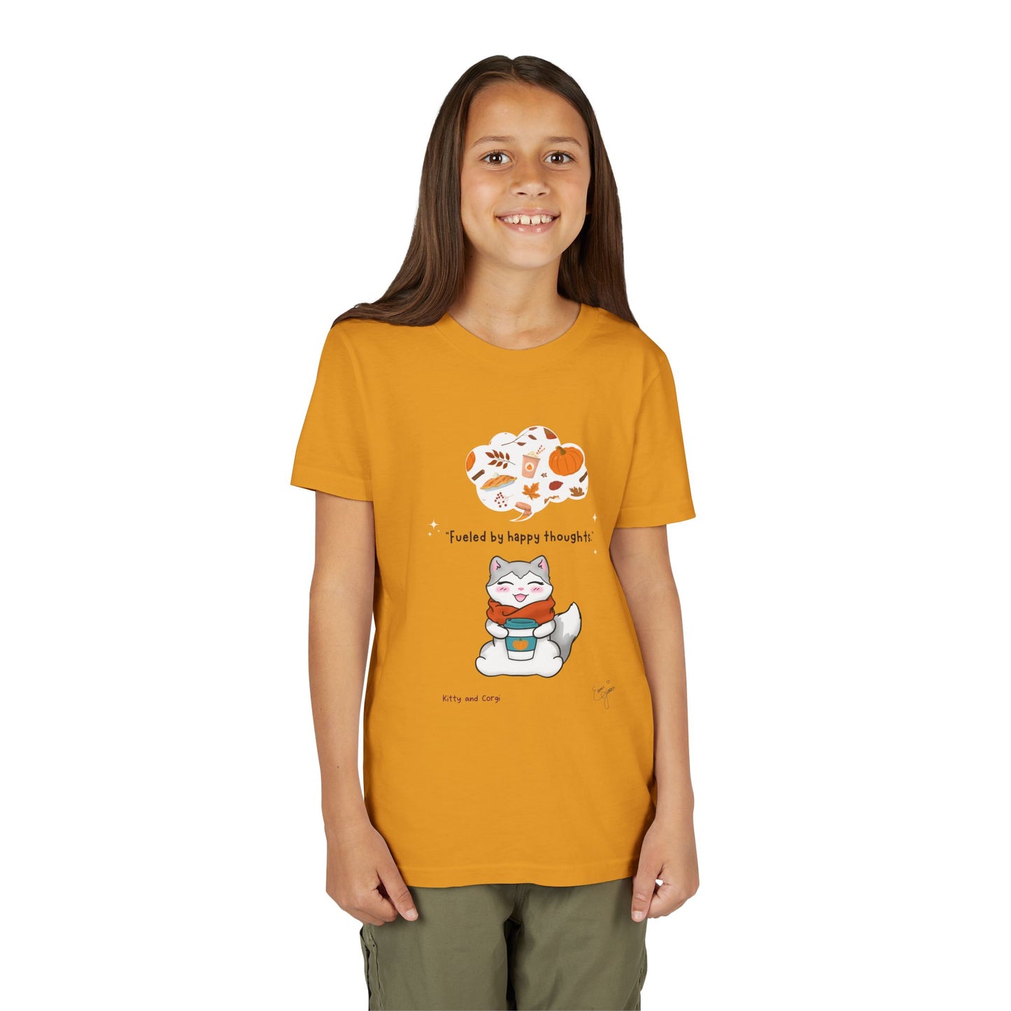Youth Tee — Kitty loves Autumn - Fueled by Happy Thoughts - Unisex Youth/ Children's Graphic Tee