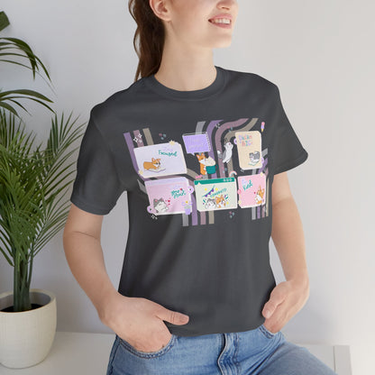 Kitty and Corgi - Groovy Encouragement Compilation - Super Soft Cotton Airlume Unisex T-Shirt (Horizontal Graphic)
