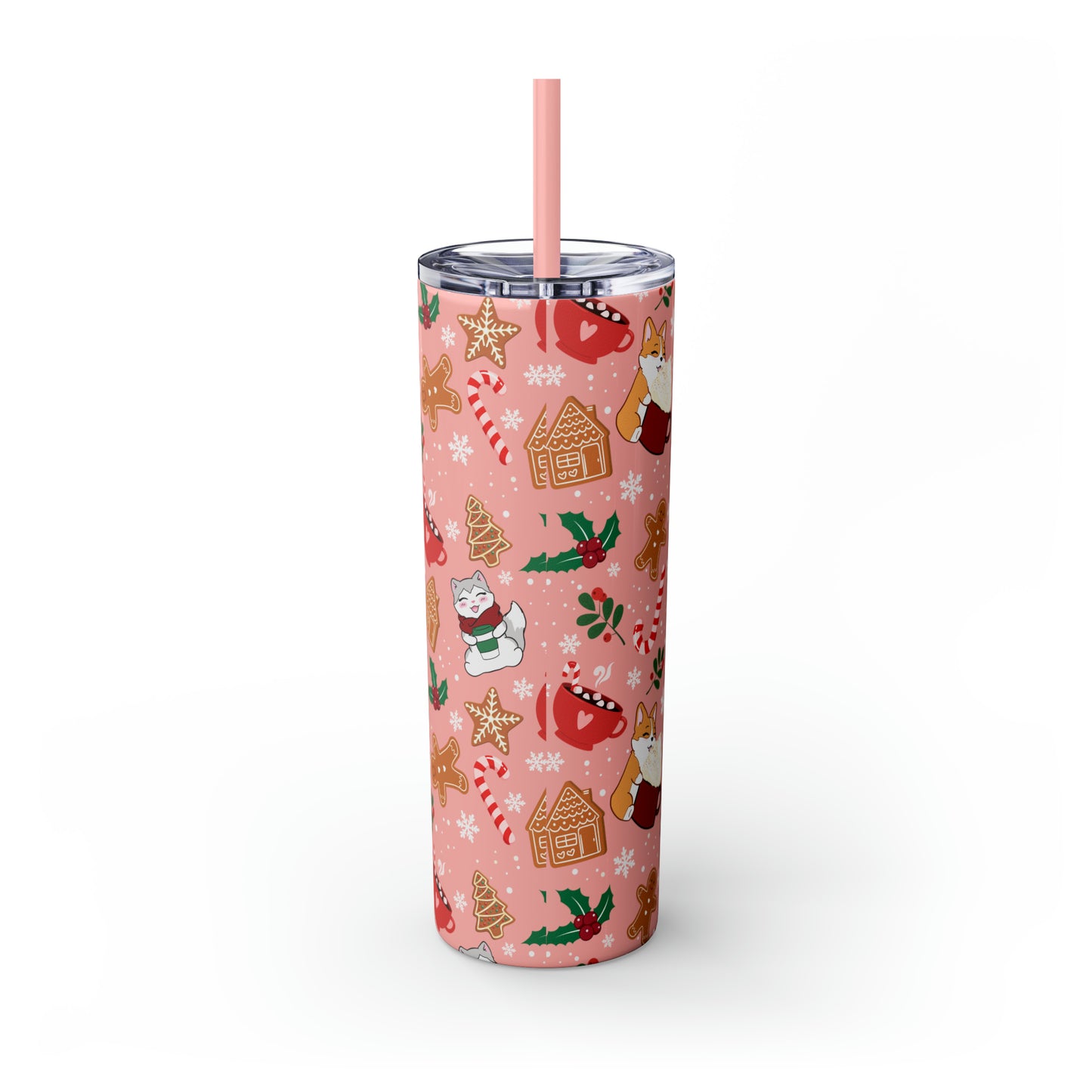 Kitty and Corgi Cocoa and Gingerbread Christmas - Skinny Tumbler with Straw, 20oz