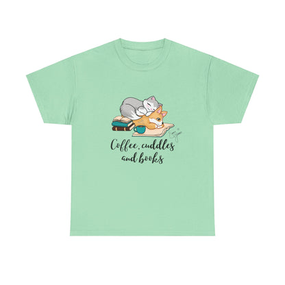 Kitty and Corgi Coffee Cuddles and Books Unisex Heavy Cotton Tee
