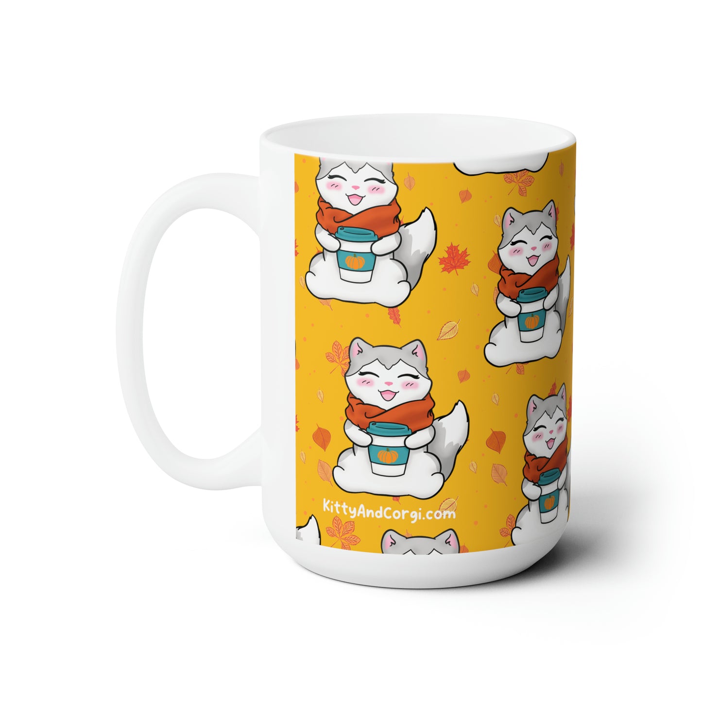 Kitty loves her seasonal Fall drinks! - Autumn Yellow patterned mug - 15oz