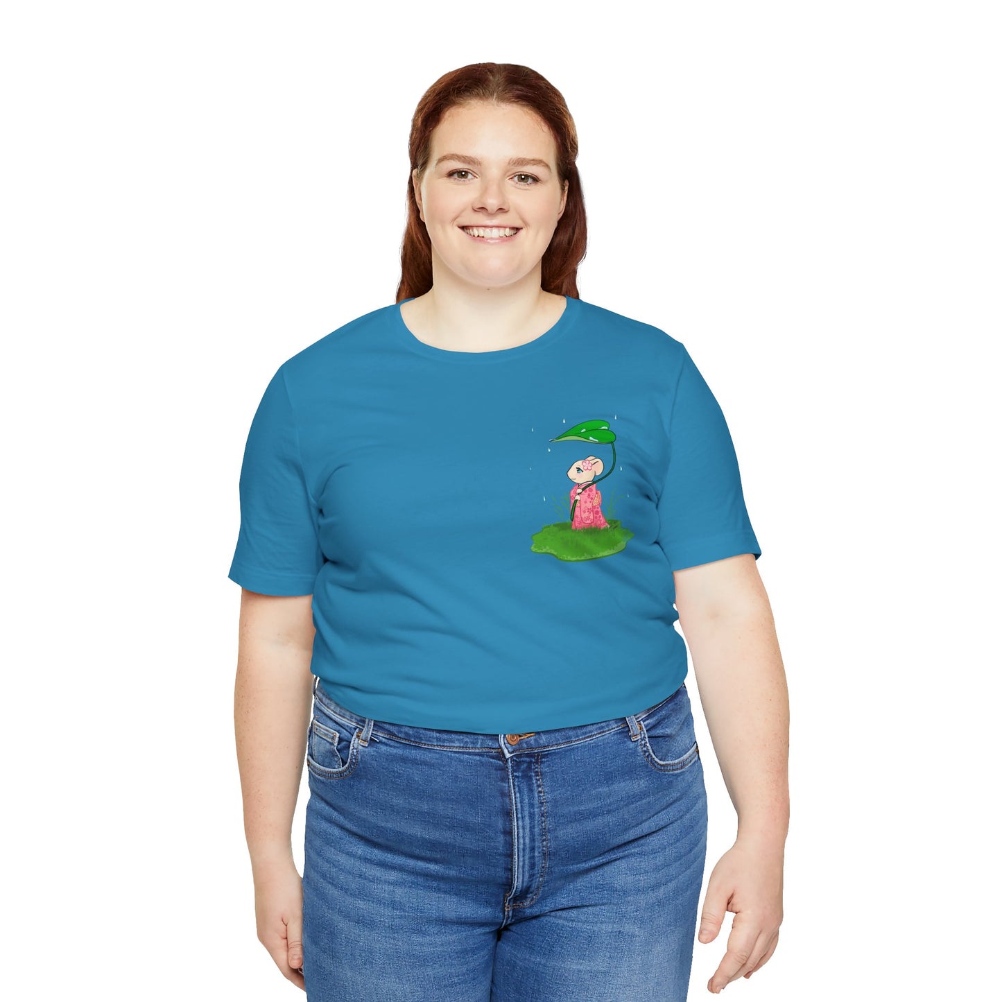 Sakura Mousie with a Leaf Umbrella on a Rainy Day - Super Soft Cotton Airlume Unisex T-Shirt (Small Pocket Graphic)
