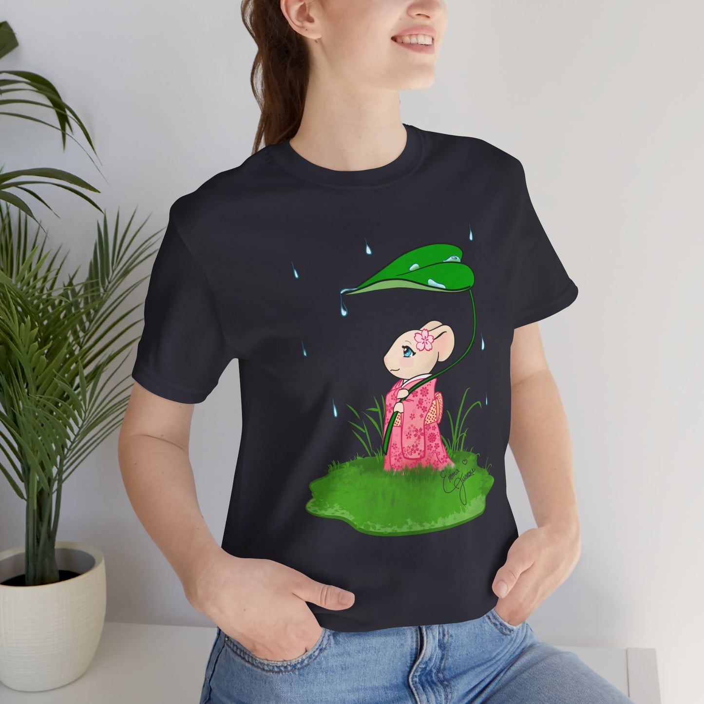 Sakura Mousie with a Leaf Umbrella on a Rainy Day - Super Soft Cotton Airlume Unisex T-Shirt (Large Graphic)