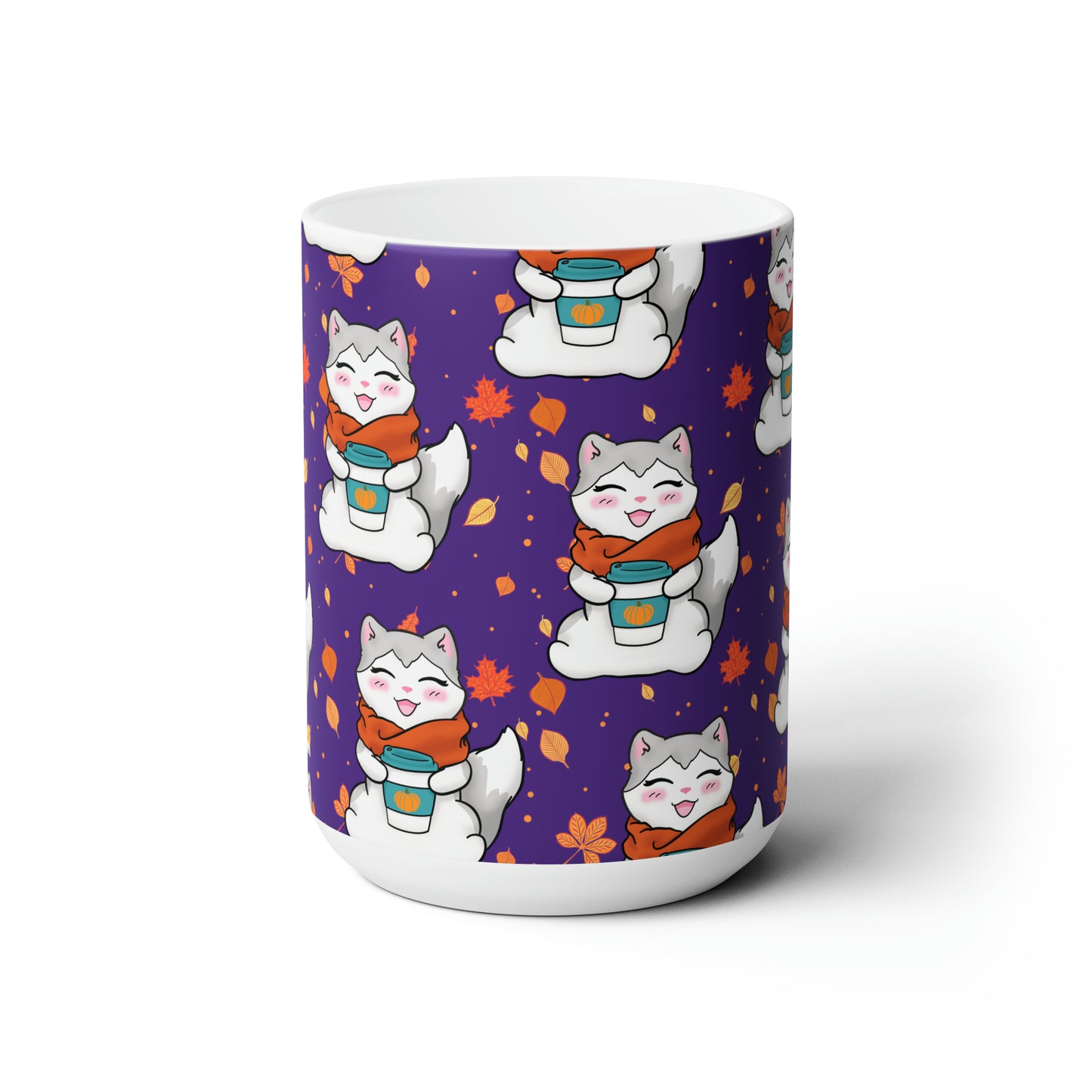 Kitty loves her seasonal Fall drinks! - Purple patterned mug - 15oz