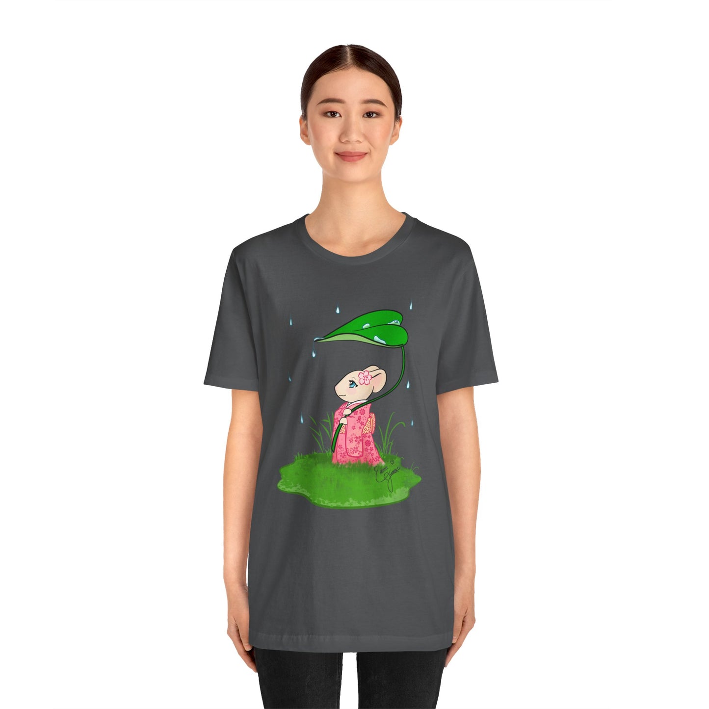 Sakura Mousie with a Leaf Umbrella on a Rainy Day - Super Soft Cotton Airlume Unisex T-Shirt (Large Graphic)