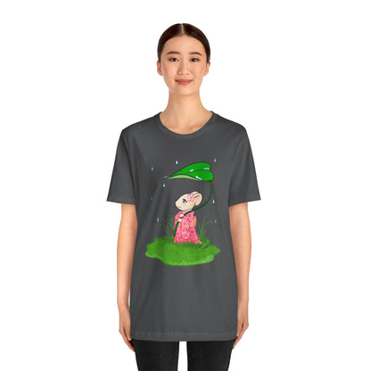 Sakura Mousie with a Leaf Umbrella on a Rainy Day - Super Soft Cotton Airlume Unisex T-Shirt (Large Graphic)