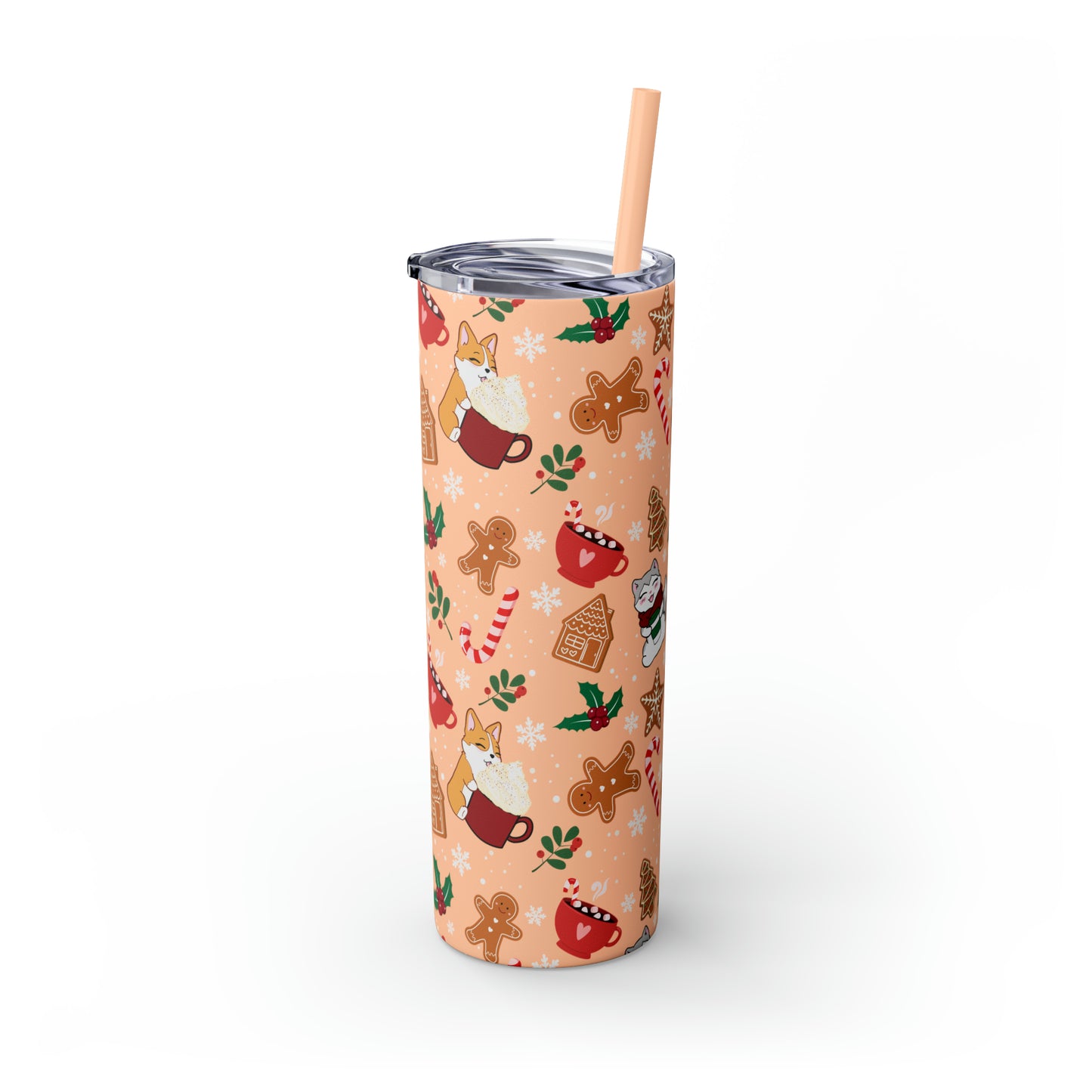 Kitty and Corgi Cocoa and Gingerbread Christmas - Skinny Tumbler with Straw, 20oz