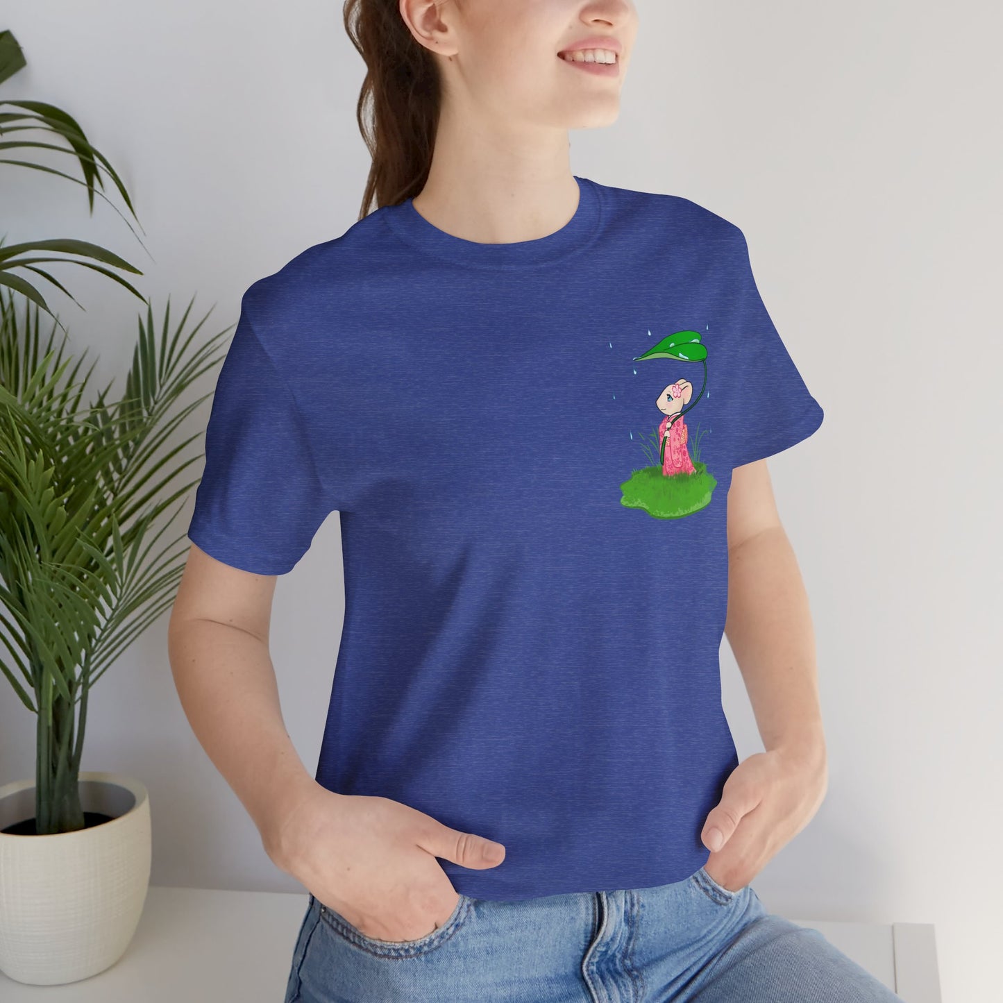 Sakura Mousie with a Leaf Umbrella on a Rainy Day - Super Soft Cotton Airlume Unisex T-Shirt (Small Pocket Graphic)