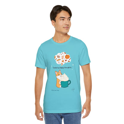 Corgi is Fueled by Happy Thoughts of Fall and Pumpkin Spice - Super Soft Cotton Airlume Unisex T-Shirt (Large Graphic)