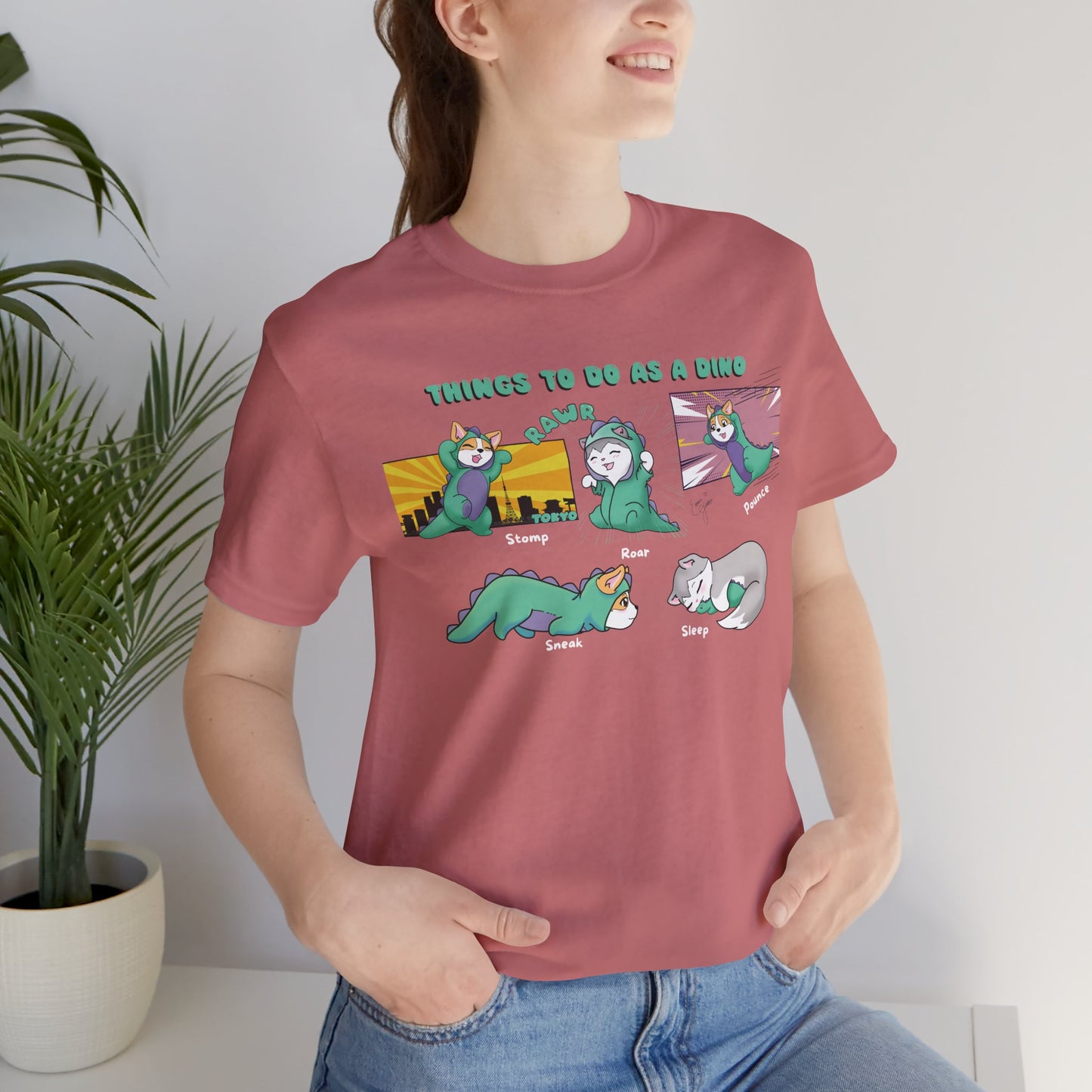 Kitty and Corgi - Things To Do As A Dino - Super Soft Cotton Airlume Unisex T-Shirt (Horizontal Graphic)