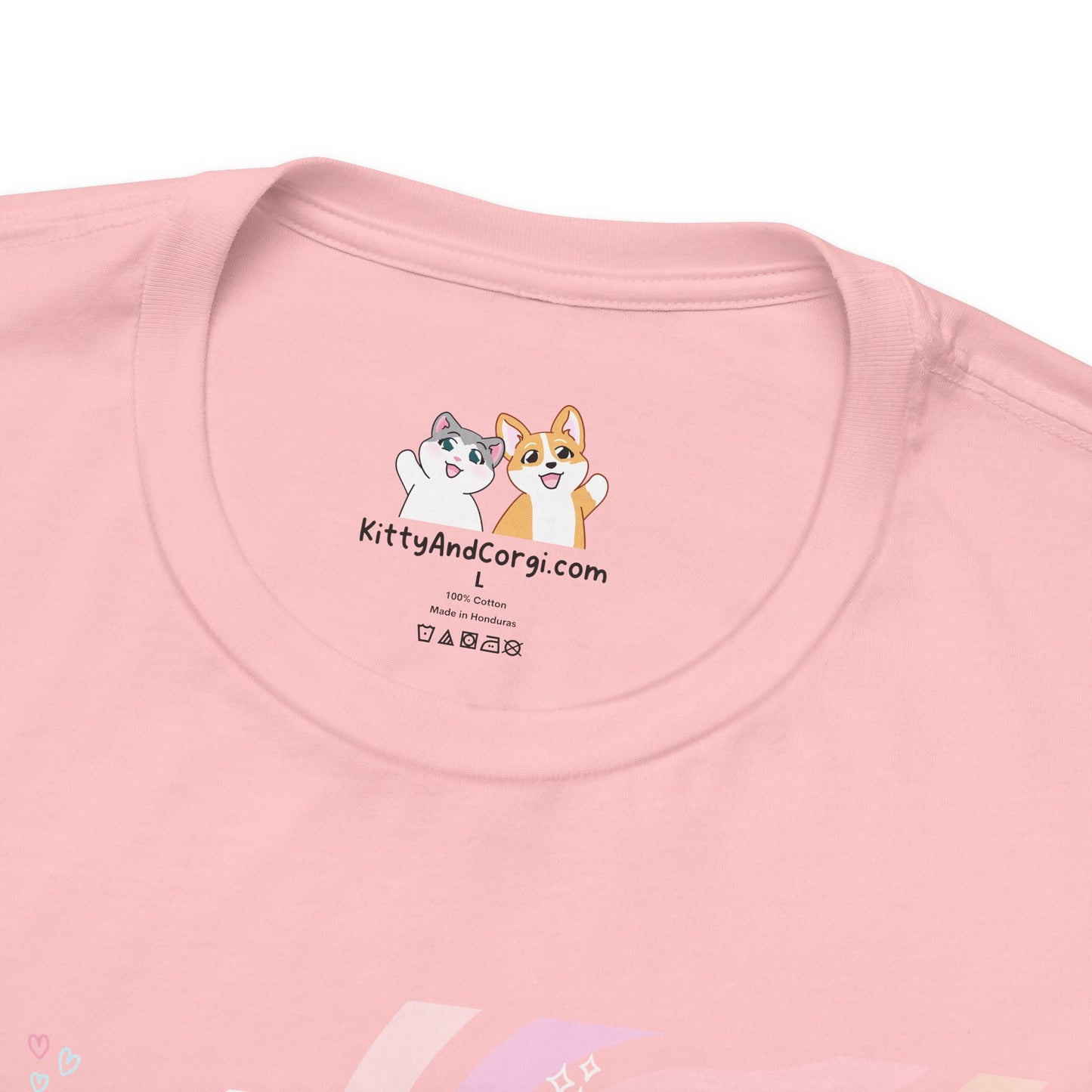 Kitty and Corgi - Groovy Encouragement Compilation - Super Soft Cotton Airlume Unisex T-Shirt (Horizontal Graphic)