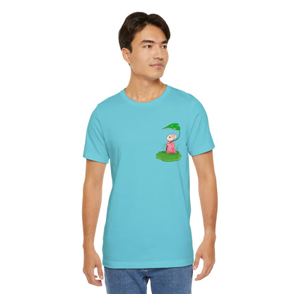 Sakura Mousie with a Leaf Umbrella on a Rainy Day - Super Soft Cotton Airlume Unisex T-Shirt (Small Pocket Graphic)