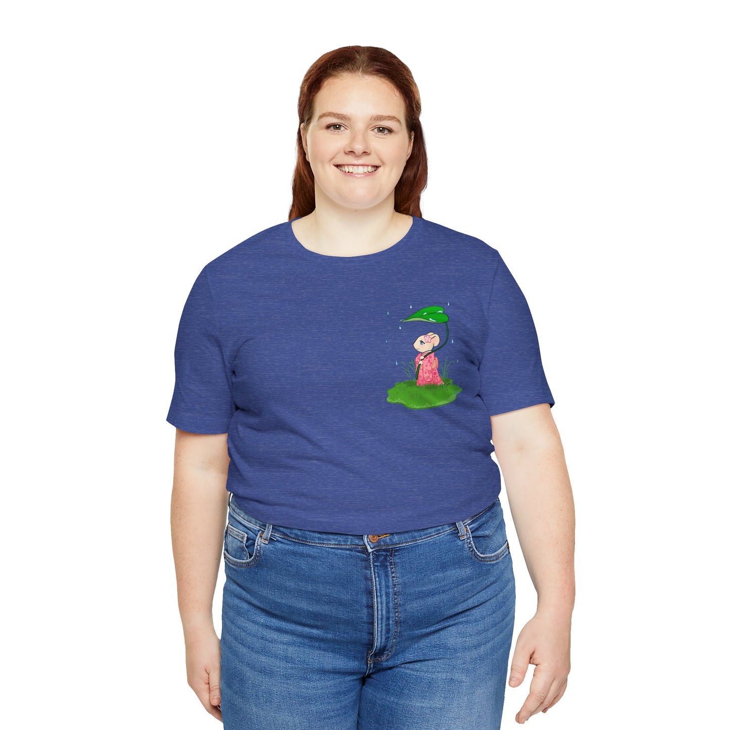 Sakura Mousie with a Leaf Umbrella on a Rainy Day - Super Soft Cotton Airlume Unisex T-Shirt (Small Pocket Graphic)
