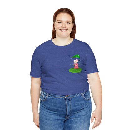 Sakura Mousie with a Leaf Umbrella on a Rainy Day - Super Soft Cotton Airlume Unisex T-Shirt (Small Pocket Graphic)