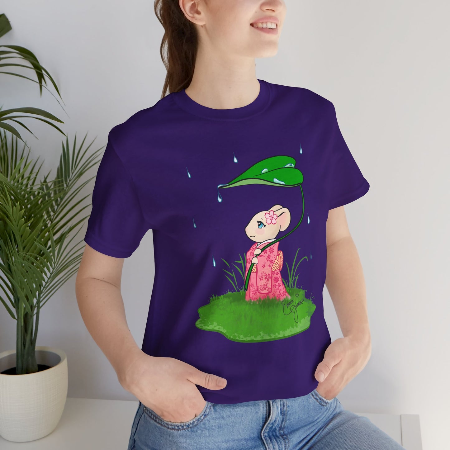 Sakura Mousie with a Leaf Umbrella on a Rainy Day - Super Soft Cotton Airlume Unisex T-Shirt (Large Graphic)