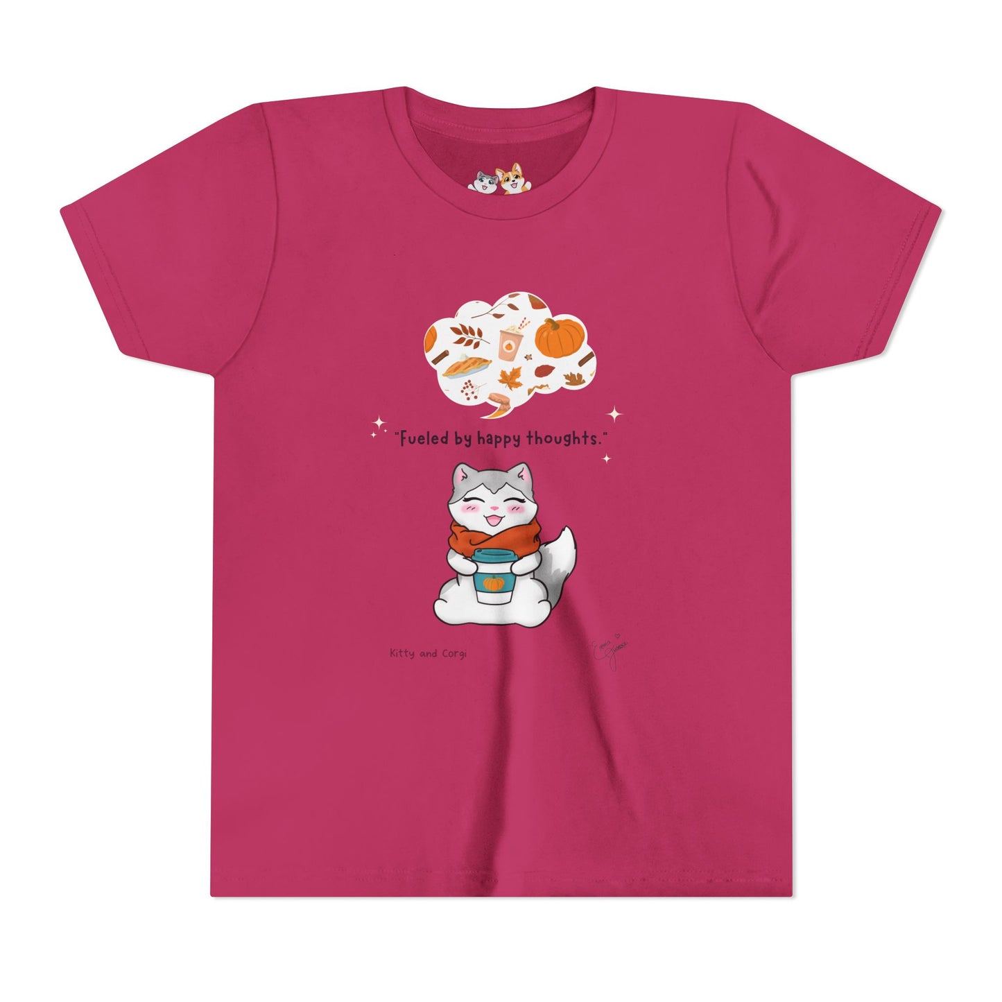 Youth Tee — Kitty loves Autumn - Fueled by Happy Thoughts - Unisex Youth/ Children's Graphic Tee