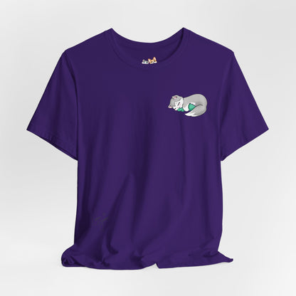 Kitty and Corgi — Sleepy Kitty Snuggling Her Dino Plushie — Super Soft Cotton Airlume Unisex T-Shirt