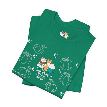 Kitty and Corgi - Pumpkin Spice and Everything Nice - Super Soft Cotton Airlume Unisex T-Shirt (Large Front Graphic)