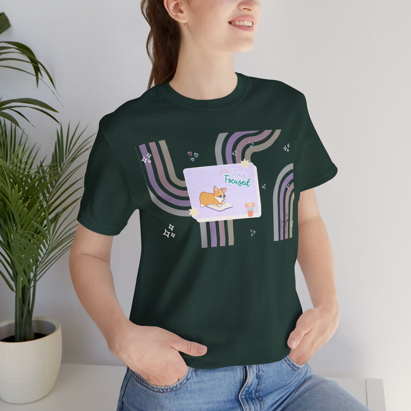 Corgi - Groovy Series - Stay Focused - Super Soft Cotton Airlume Unisex T-Shirt (Horizontal Graphic)