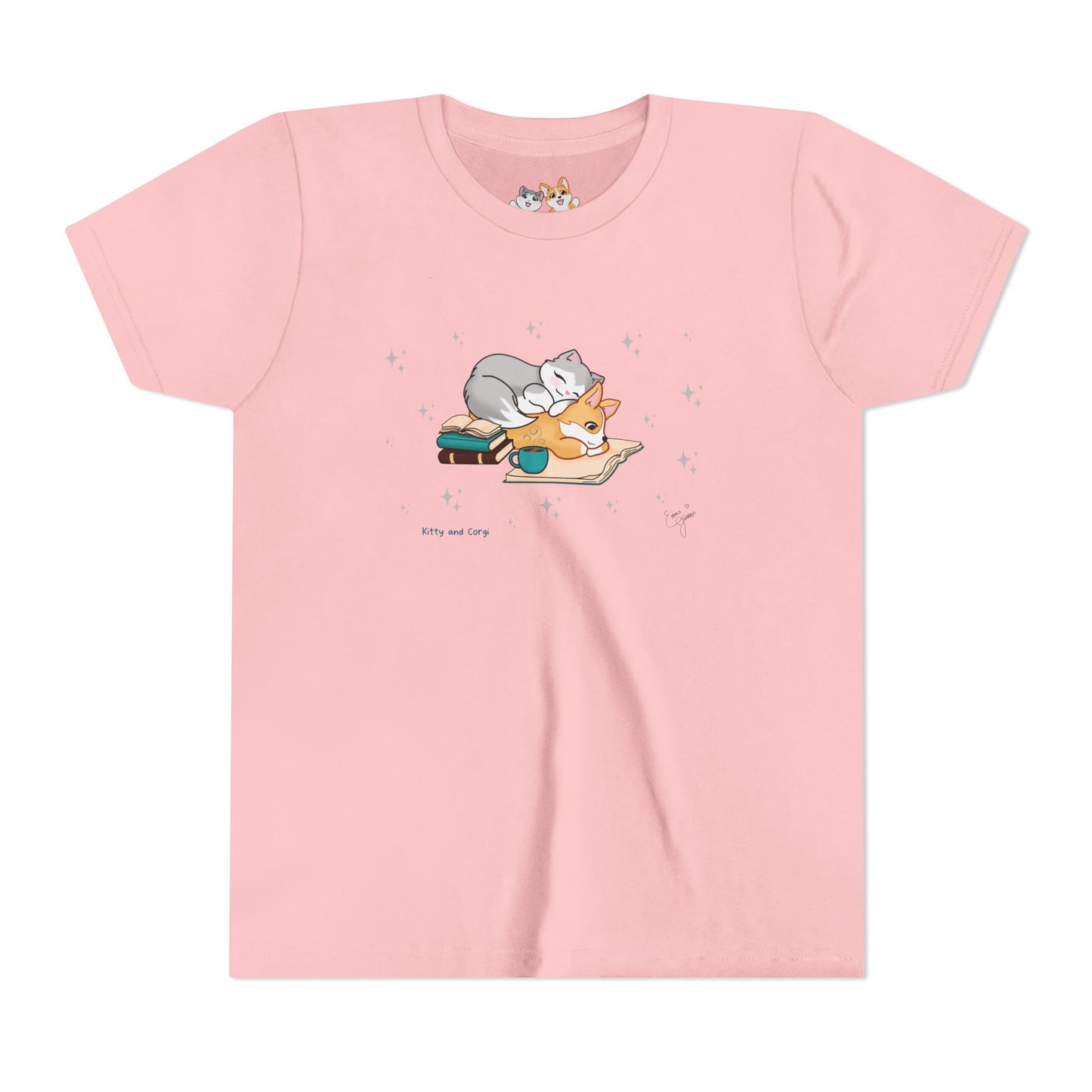 Youth Tee —  Kitty and Corgi Cuddles and Books - Unisex Youth/ Children's Graphic Tee