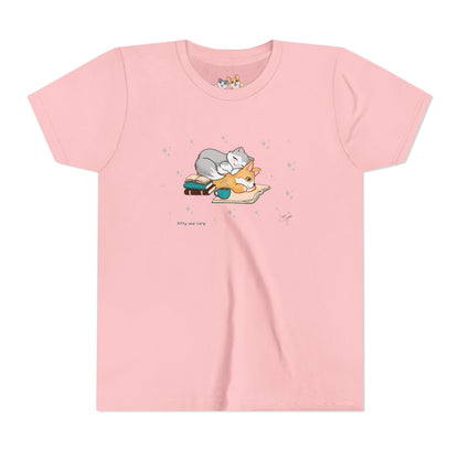Youth Tee —  Kitty and Corgi Cuddles and Books - Unisex Youth/ Children's Graphic Tee