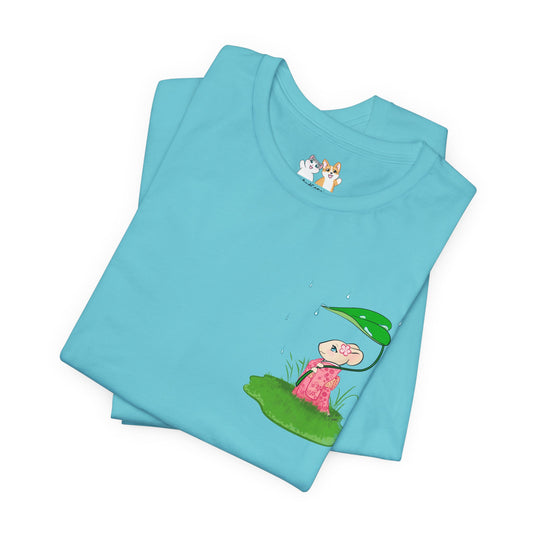 Sakura Mousie with a Leaf Umbrella on a Rainy Day - Super Soft Cotton Airlume Unisex T-Shirt (Small Pocket Graphic)