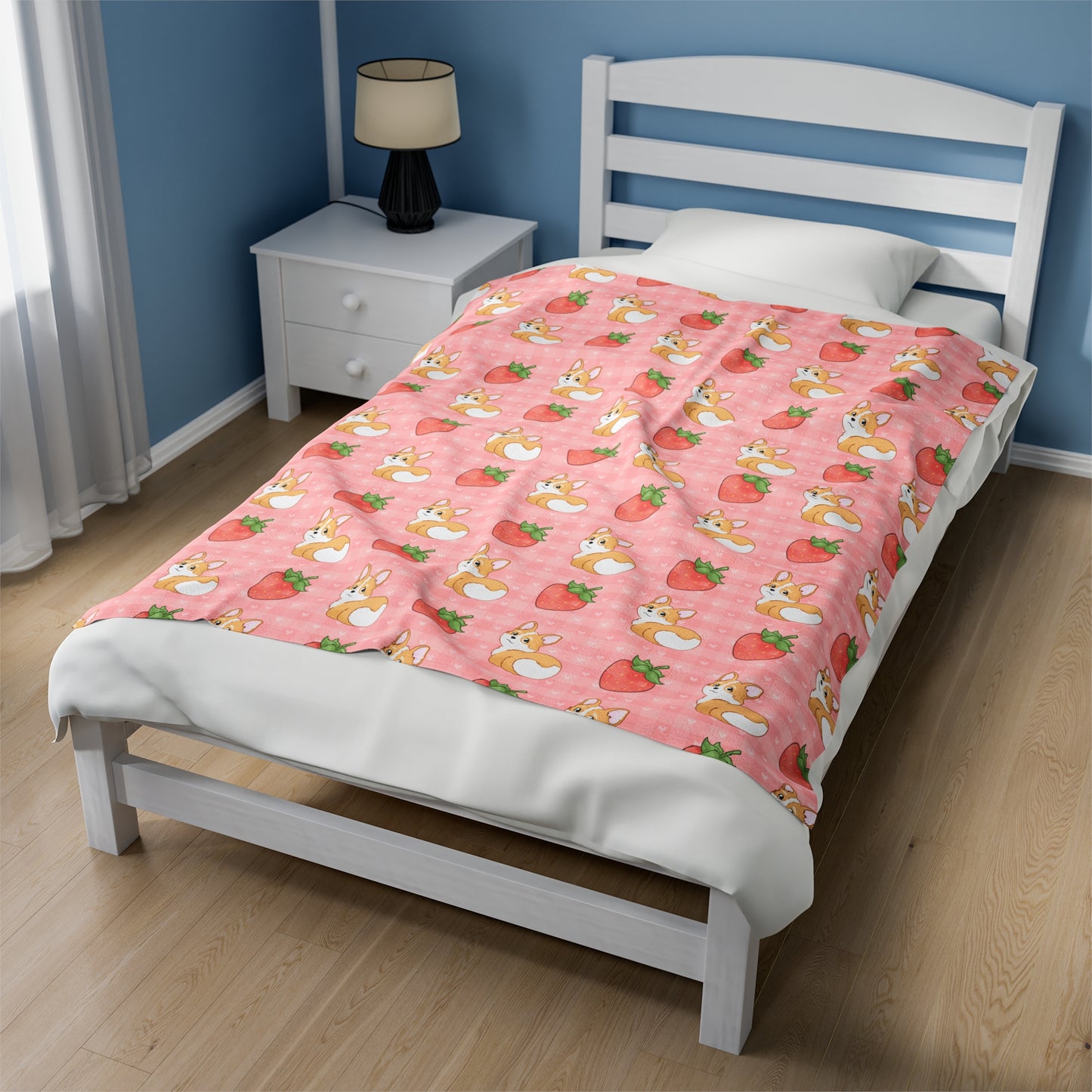 Corgi Butt and Strawberries Pink Gingham and Hearts Velveteen Plush Blanket