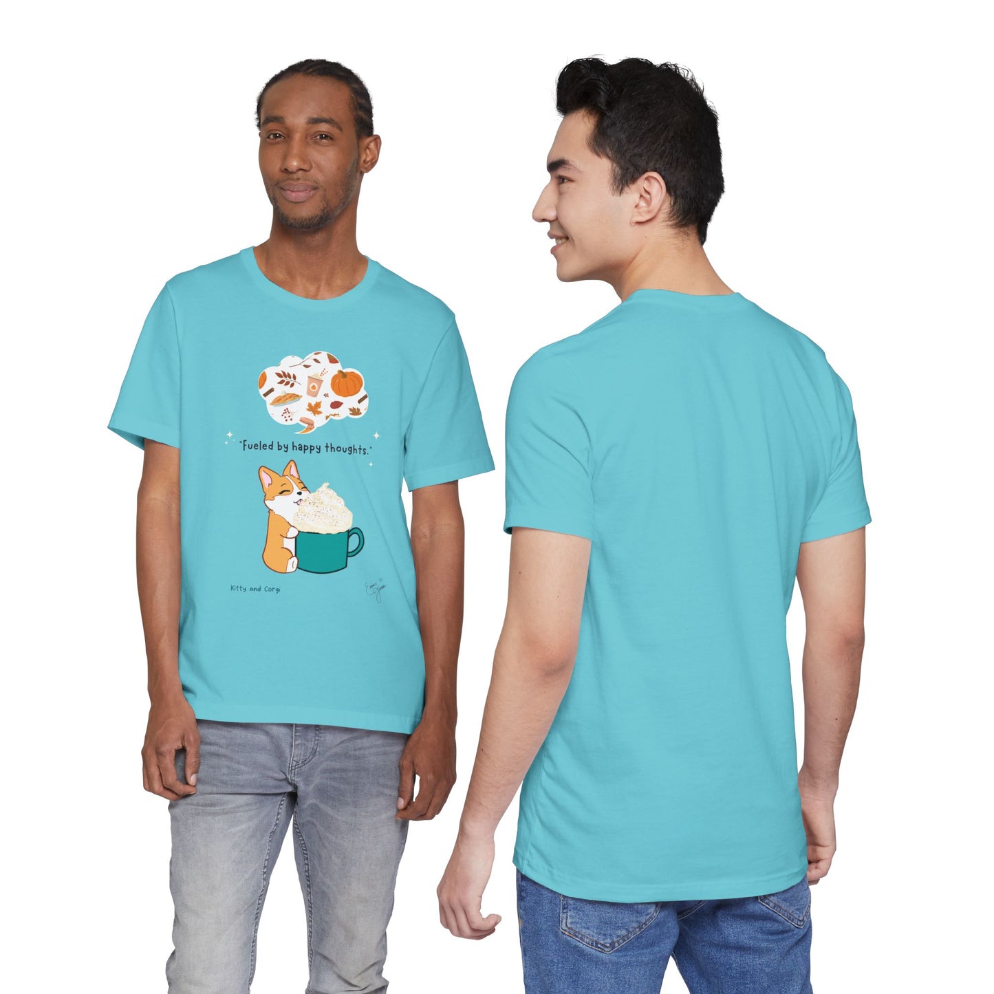 Corgi is Fueled by Happy Thoughts of Fall and Pumpkin Spice - Super Soft Cotton Airlume Unisex T-Shirt (Large Graphic)