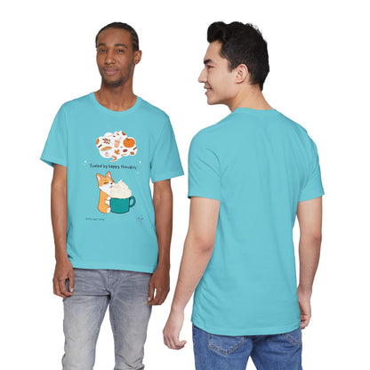 Corgi is Fueled by Happy Thoughts of Fall and Pumpkin Spice - Super Soft Cotton Airlume Unisex T-Shirt (Large Graphic)
