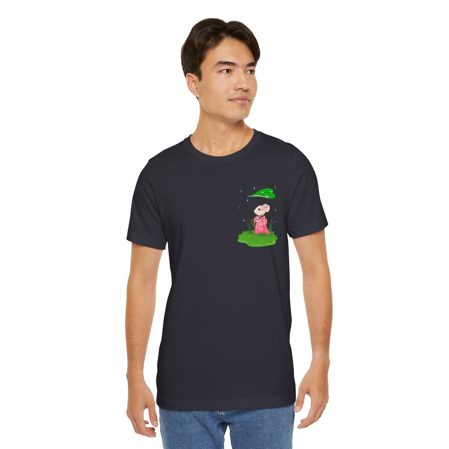 Sakura Mousie with a Leaf Umbrella on a Rainy Day - Super Soft Cotton Airlume Unisex T-Shirt (Small Pocket Graphic)