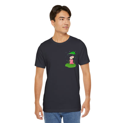 Sakura Mousie with a Leaf Umbrella on a Rainy Day - Super Soft Cotton Airlume Unisex T-Shirt (Small Pocket Graphic)