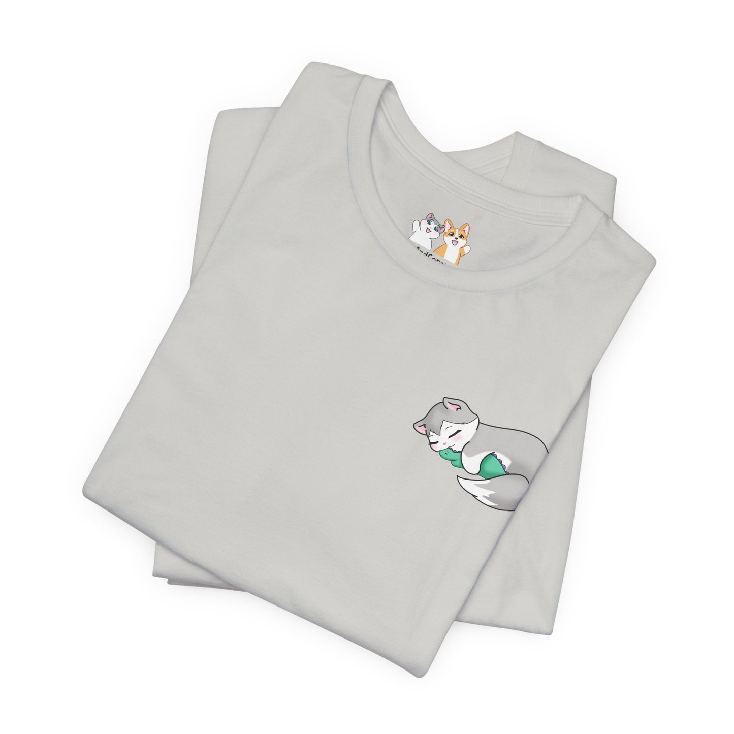 Kitty and Corgi — Sleepy Kitty Snuggling Her Dino Plushie — Super Soft Cotton Airlume Unisex T-Shirt