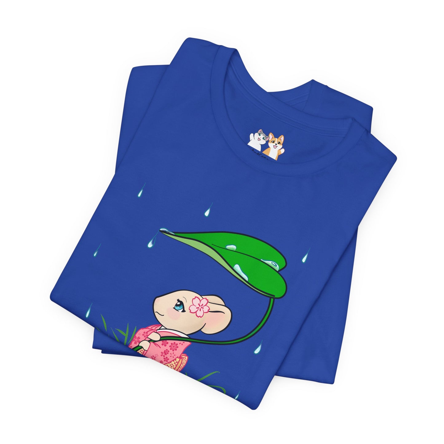 Sakura Mousie with a Leaf Umbrella on a Rainy Day - Super Soft Cotton Airlume Unisex T-Shirt (Large Graphic)