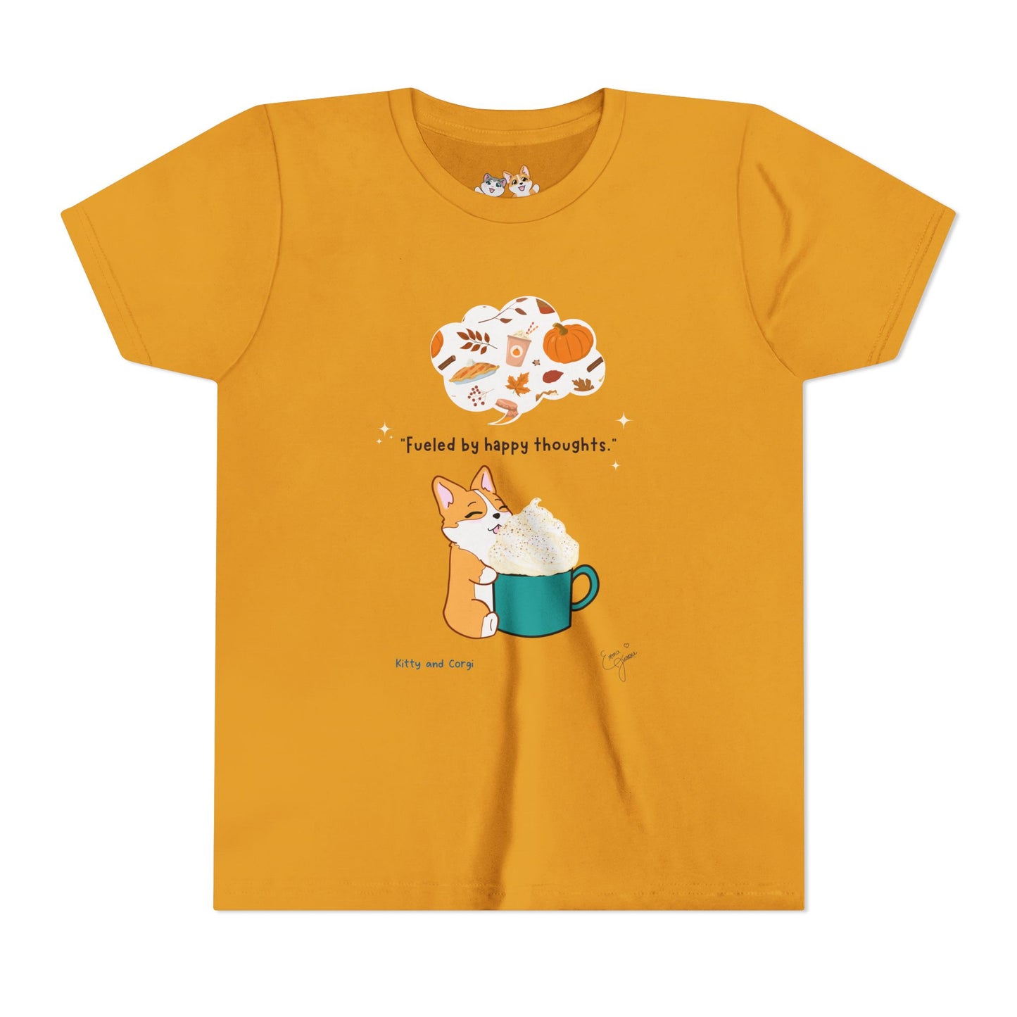 Youth Tee — Corgi loves Autumn - Fueled by Happy Thoughts - Unisex Youth/ Children's Graphic Tee