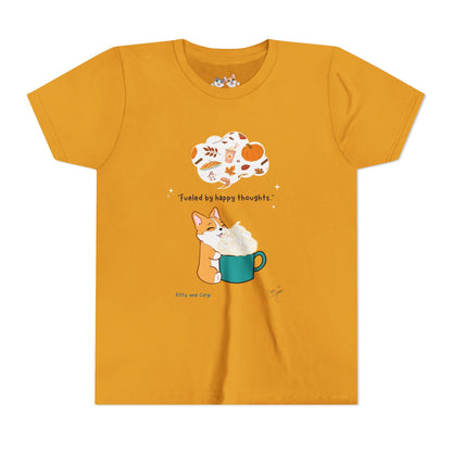Youth Tee — Corgi loves Autumn - Fueled by Happy Thoughts - Unisex Youth/ Children's Graphic Tee