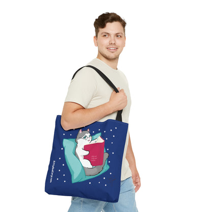 Kitty Reading a Book - single design - Midnight Blue Tote Bag (AOP)