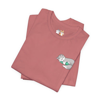 Kitty and Corgi — Sleepy Kitty Snuggling Her Dino Plushie — Super Soft Cotton Airlume Unisex T-Shirt
