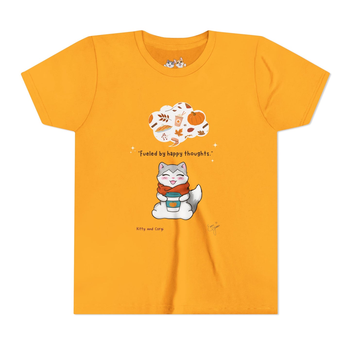 Youth Tee — Kitty loves Autumn - Fueled by Happy Thoughts - Unisex Youth/ Children's Graphic Tee